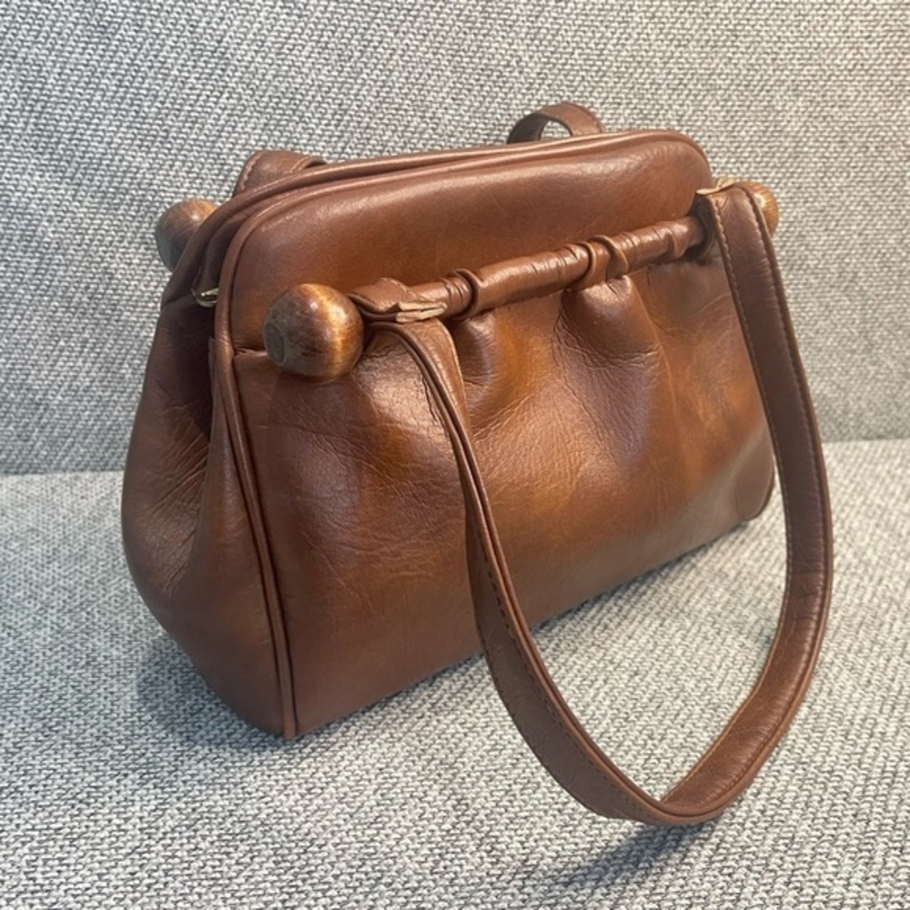 Brown Leather Shoulder Bag with Wooden Support Detail